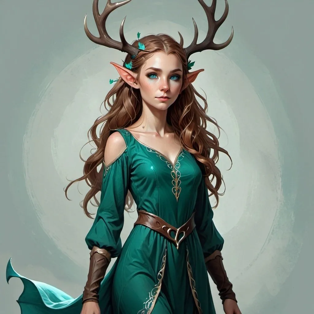 Prompt: a female elf with long wavy brown hair and a dress with antlers on her head. Turquoise eyes, a round attractive face. She stands tall with an average build. Charlie Bowater, fantasy art, character art, concept art, character reference sheet