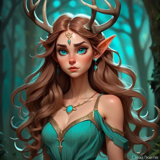 Prompt: a female elf with long wavy brown hair and a dress with antlers on her head. Turquoise eyes, a round attractive face. She stands tall with an average build. Charlie Bowater, fantasy art, character art, concept art, character reference sheet