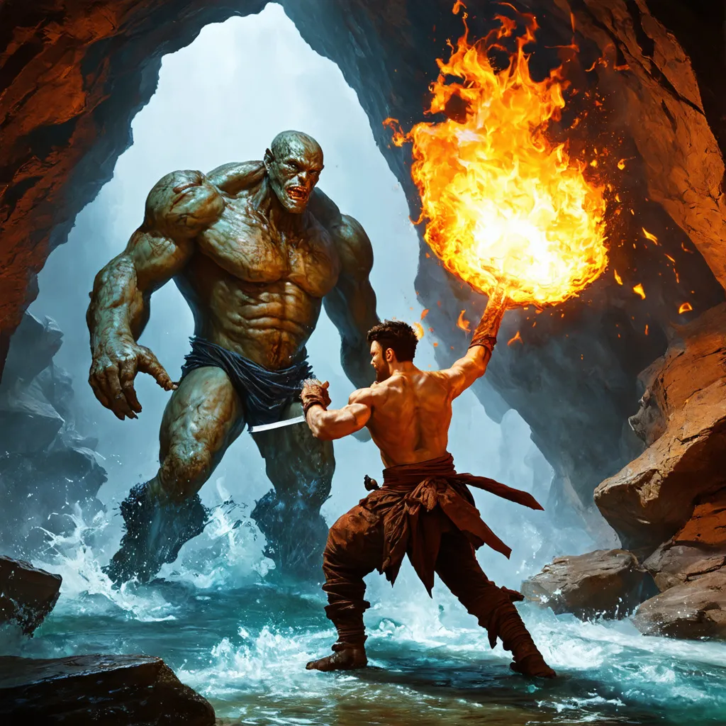 Prompt: a firebender fights a water golem in a cave