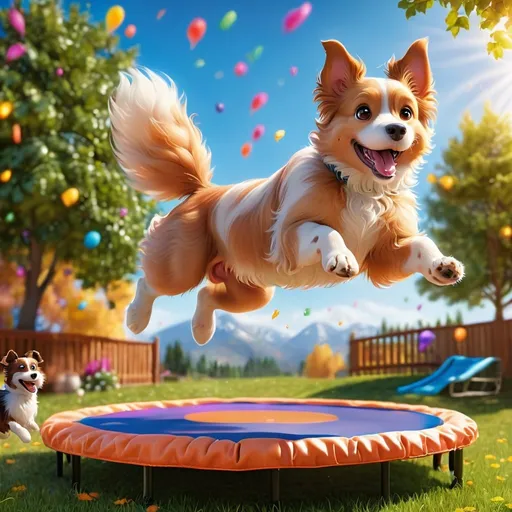 Prompt: High-resolution, realistic 3D rendering of a joyful dog jumping on a vibrant trampoline, bouncy fur in mid-air, sunny outdoor setting, detailed paw pads, fluffy tail, energetic leap, vibrant colors, warm lighting, realistic, 3D rendering, playful, joyful, fur texture, outdoor, sunny, vibrant trampoline, detailed, high quality