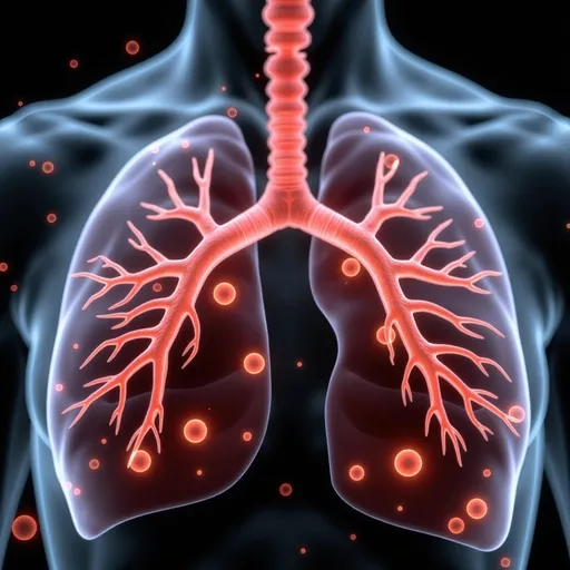 Prompt: image of human lungs that are infected with bacteria 
