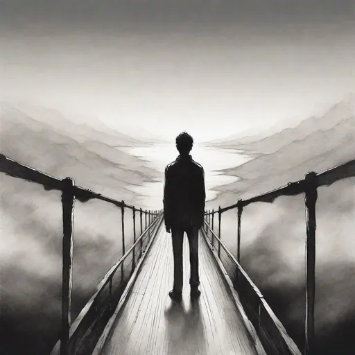 Prompt: a drawing or painting of a person standing on a narrow bridge, with a vast expanse of space on either side? They could be looking down, feeling conflicted or uncertain about which direction to take