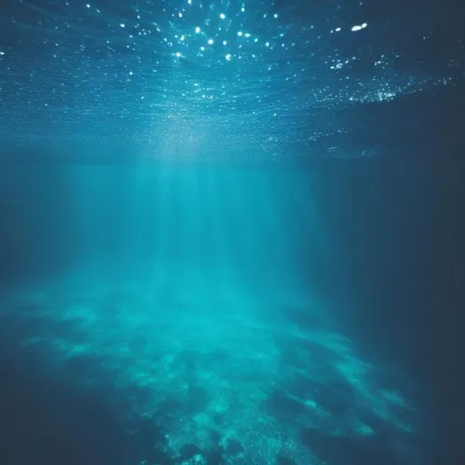 Prompt: water, ocean, under water, in depth, dark dark blue water, camera down, rays



