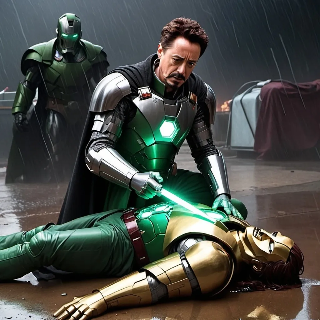 Prompt: Create an image of Tony stark stabbing doctor doom in his hArt, doctor dhum is lying down on the ground, Tony stark is wearing black leather jacket, and it is heavily rainy on the evening,