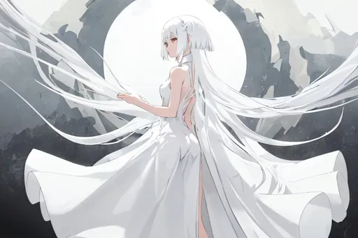 Prompt: a girl with a backside only, a white long dress, white hair, and hair ends in shallow gold， looks small from far apart, with a white background