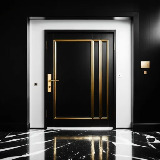 Prompt:  artistic photo of a dangerous situation. Front door. Black, White. minimal Gold.