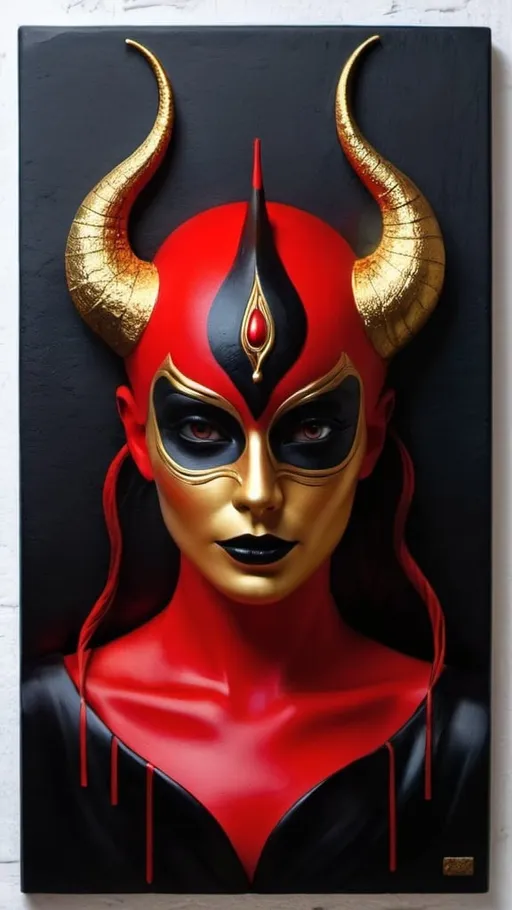 Prompt: Creepy Creature. Wall portrait. Vibrant. Red. Black. Gold.