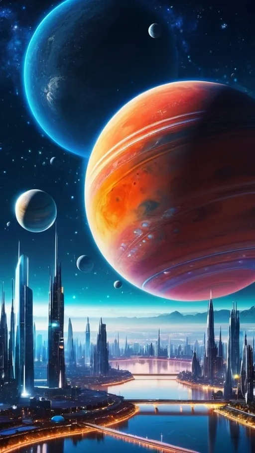 Prompt: Starry sky. Futuristic City. Vibrant. Large planets. Artistic Rendering.