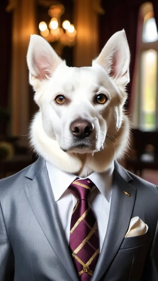 Prompt: Dogs or Cats dressed in human clothing. Majestic. Distinguished. Suit. Portrait. Mansion backdrop. Small head. 