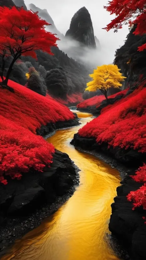 Prompt: Fantasy land. Hidden. Vibrant. Red. Black. Gold. Yellow.