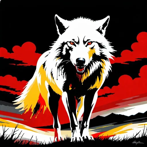 Prompt: A horror scene depicting a white Wolf. Dark night background. Large open prairie scene, Ambient wildlife in the surrounding. Emphasis on Details of the wolf. Colors are Black, White, Red, Gold, Yellow
