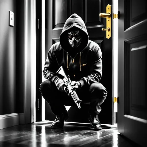 Prompt:  artistic photo of a dangerous situation. Robber with gun. Front door. Black, White. minimal Gold. Crouching. Nervous. Sweat. Angry face.