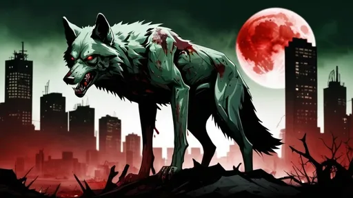 Prompt: Zombie wolf. Dark Green. Black. Blood Red. Gore. Angry. Hungry. Decomposed body. Apocalyptic city background. Blood moon.