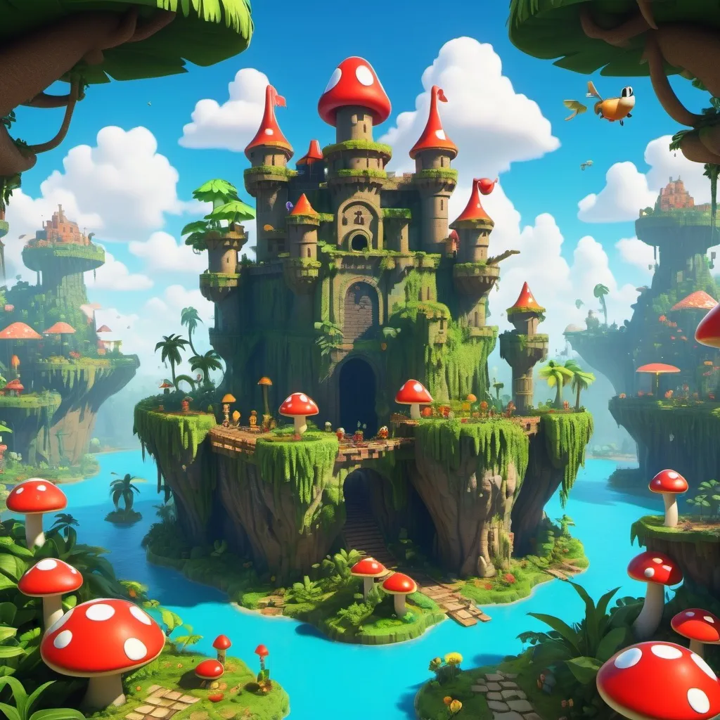 Prompt: an jungle island with a large castle in the middle, in the style of a Mario video game, bright colors, colorful mushrooms