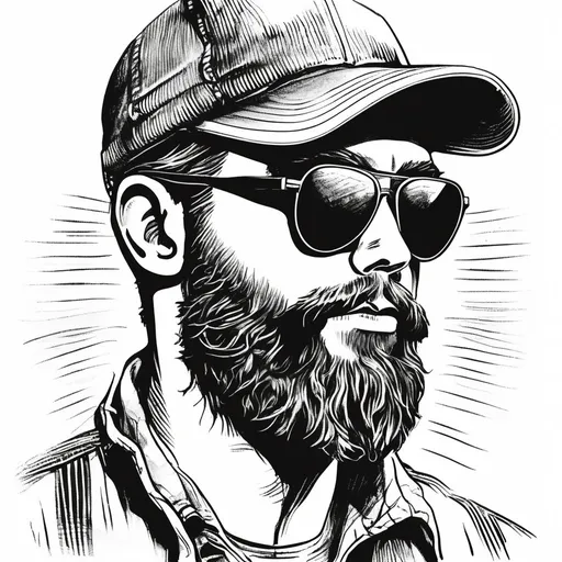 Prompt: Vintage clipart drawing of a man with a beard wearing dark sunglasses and a trucker hat, black and white, ink drawing