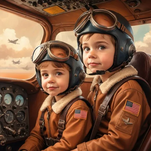 Prompt: Detailed, heartwarming digital art of a young child and an adult pilot, warm and nostalgic color palette, realistic and emotional facial expressions, aviation-themed setting, nostalgic and inspirational atmosphere, high quality, digital painting, warm tones, emotional facial expressions, aviation-themed, inspirational, heartwarming