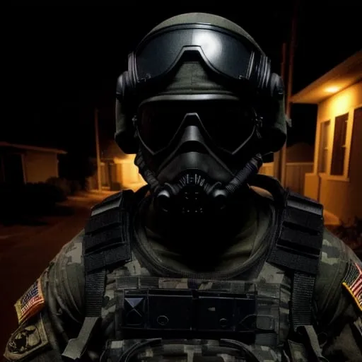 Prompt: African american spec ops soldier dressed in all black with void black eyes leaking gravity-defying black ooz in a suburban neighborhood at night, stealthy gear, scp village idiots, spec ops, high contrast lighting, cinematic quality, military, dark tones, detailed textures, professional rendering, suburban neighborhood