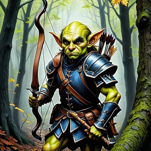 Prompt: a goblin archer in dark woods, colored pencil, highly detailed, vivid art, gloomy, semi-realistic, fantasy art