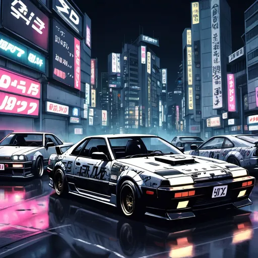 Prompt: Anime cyberpunk style, Drifting ,cars initial D , highly detailed, HD, tokyo