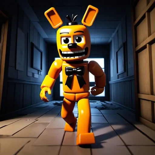 Prompt: roblox carakter running from fnaf carackter in abandond bulding