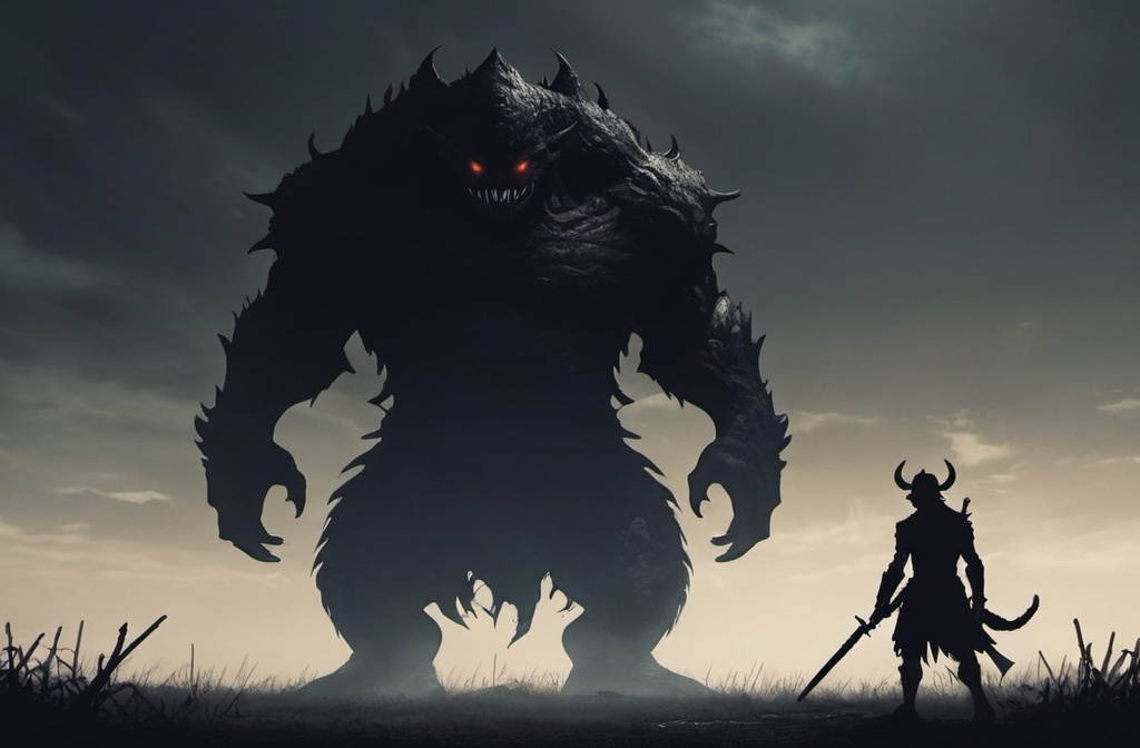 Prompt: A monster shadow standing in a battle field 
