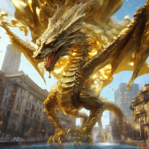 Prompt: A dripping liquid western Wood dragon made of pools of gold, flying City afternoon, masterpiece, best quality, 64k, hd, Phone Camera , Realistic , concept art, Modern, New Year, Zodiac