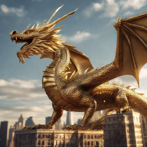 Prompt: A Beautiful  dragon made of  Wood and gold, flying on the Sky New York City Mourning Sun, masterpiece, best quality, 64k, hd, Phone Camera , Realistic , concept art, Modern, New Year