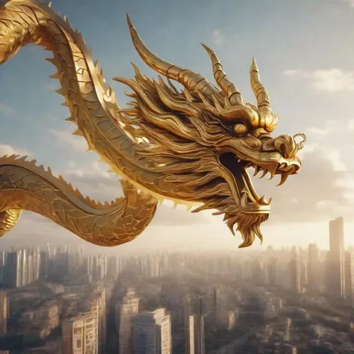 Prompt: A Beautiful China dragon made of  Wood and gold, flying on the Sky Futuristic city Mourning Sun, masterpiece, best quality, 64k, hd, Phone Camera , Realistic , concept art, Modern, New Year