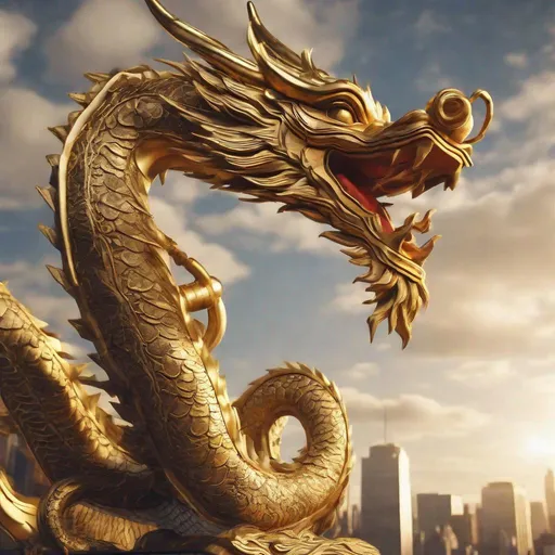 Prompt: A Beautiful China dragon made of  Wood and gold, flying on the Sky New York City Mourning Sun, masterpiece, best quality, 64k, hd, Phone Camera , Realistic , concept art, Modern, New Year