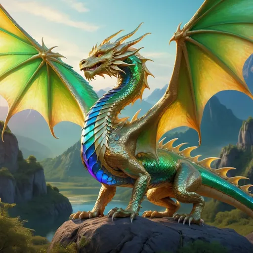 Prompt: Golden headed dragon with large iridescent wings