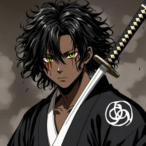 Prompt: A young black samurai named shinrei kuro with a scar on his right eye he wears a kimono with peace and death symbols on it and a katana but he’s torn between death and peace his hair is short and curly and his eyes are black