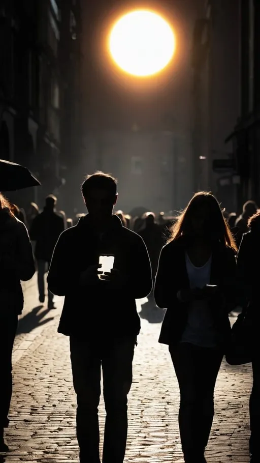 Prompt: Sunshine blocked by darkness, people walking around being brainwashed by their phones, only looking at phones with family and friends around and don’t show people normal make them dark hard to recognise, show the sun being blocked by darkness, due to people’s depression, show a little of white light down on people mostly darkness