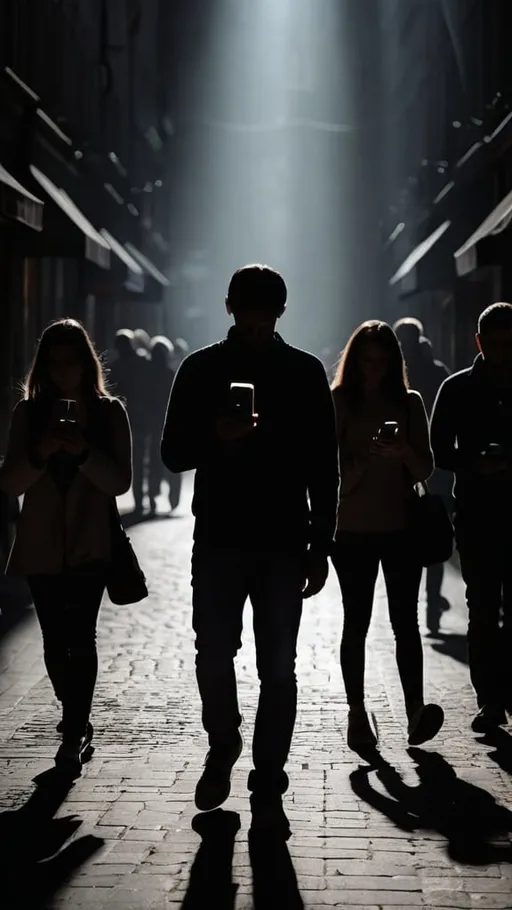 Prompt: Sunshine blocked by darkness, people walking around being brainwashed by their phones, only looking at phones with family and friends around and don’t show people normal make them dark hard to recognise 