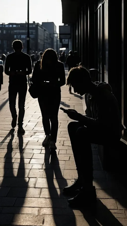 Prompt: Sunshine blocked by darkness, people walking around being brainwashed by their phones, only looking at phones with family and friends around and don’t show people normal make them dark hard to recognise, show the sun being blocked by darkness, due to people’s depression, show a little of white light like a spotlight shining on people mostly darkness show a large amount of people on phones brainwashed all brainless by their phones and headphones, colorful yet depressing hard to recognise people and just a little bit of light shown most shadows