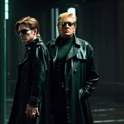 Prompt: Donald Trump as Neo from The Matrix, high quality, detailed facial features, professional photography, photo-realistic, Matrix-style trench coat, iconic sunglasses, serious expression, green-toned lighting, urban setting, cinematic, detailed hair and wrinkles, striking contrast, highres, photo-realism, serious, iconic outfit, cinematic lighting, realistic portrayal