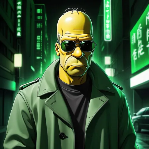 Prompt: Manga artistic drawing of Homer Simpson as Neo from The Matrix, high quality, detailed facial features, anime style Matrix-style trench coat, iconic sunglasses, serious expression, green-toned lighting, urban setting, cinematic, detailed hair and wrinkles, striking contrast, highres, photo-realism, serious, iconic outfit, cinematic lighting, realistic portrayal
