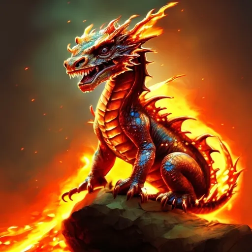 Prompt: very Cute baby dragon made of fire, glowing fiery scales, adorable and playful expression, high quality, digital painting, warm tones, magical atmosphere, lively and dynamic pose