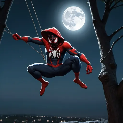 Prompt: A hooded spiderman swinging in the moonlight