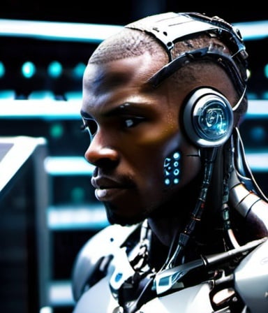 Prompt: Cyborg man coding in front of super computers, black skin, cyborg, futuristic setting, detailed metallic parts, intense and focused gaze, high-tech earpiece, digital display screens, cool tones, futuristic lighting, highres, ultra-detailed, sci-fi, cyborg, coding, intense gaze, futuristic setting, metallic details, professional, atmospheric lighting