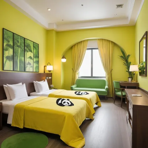 Prompt: A simple panda-inspired hotel room with two beds and mostly green and yellow