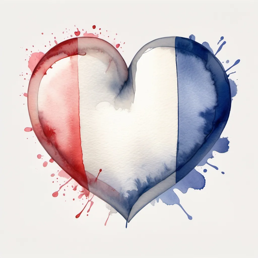 Prompt: Watercolor Drawing of a heart shape coloured with french flag stripes  colours