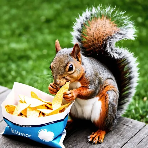 Prompt: Squirrel eating a bag of chips