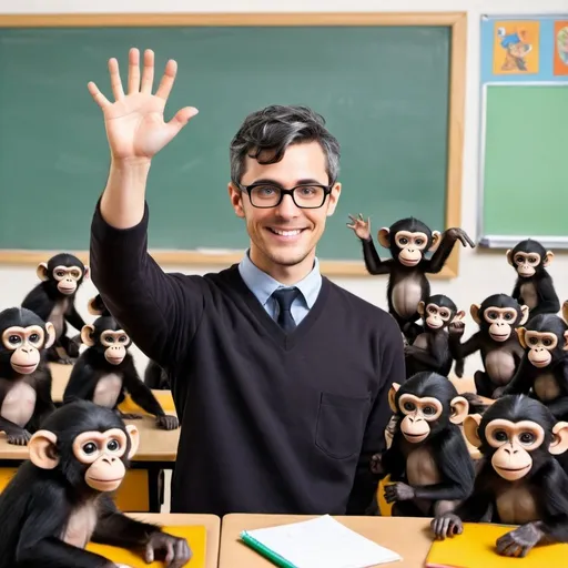 Prompt: A young male teacher with black greyish hair and glasses with a square black frame and clear glasses in front of a classroom full of monkeys. One of the monkeys is raising his hand. Make the monkeys male and female by giving the female monkeys make-up
