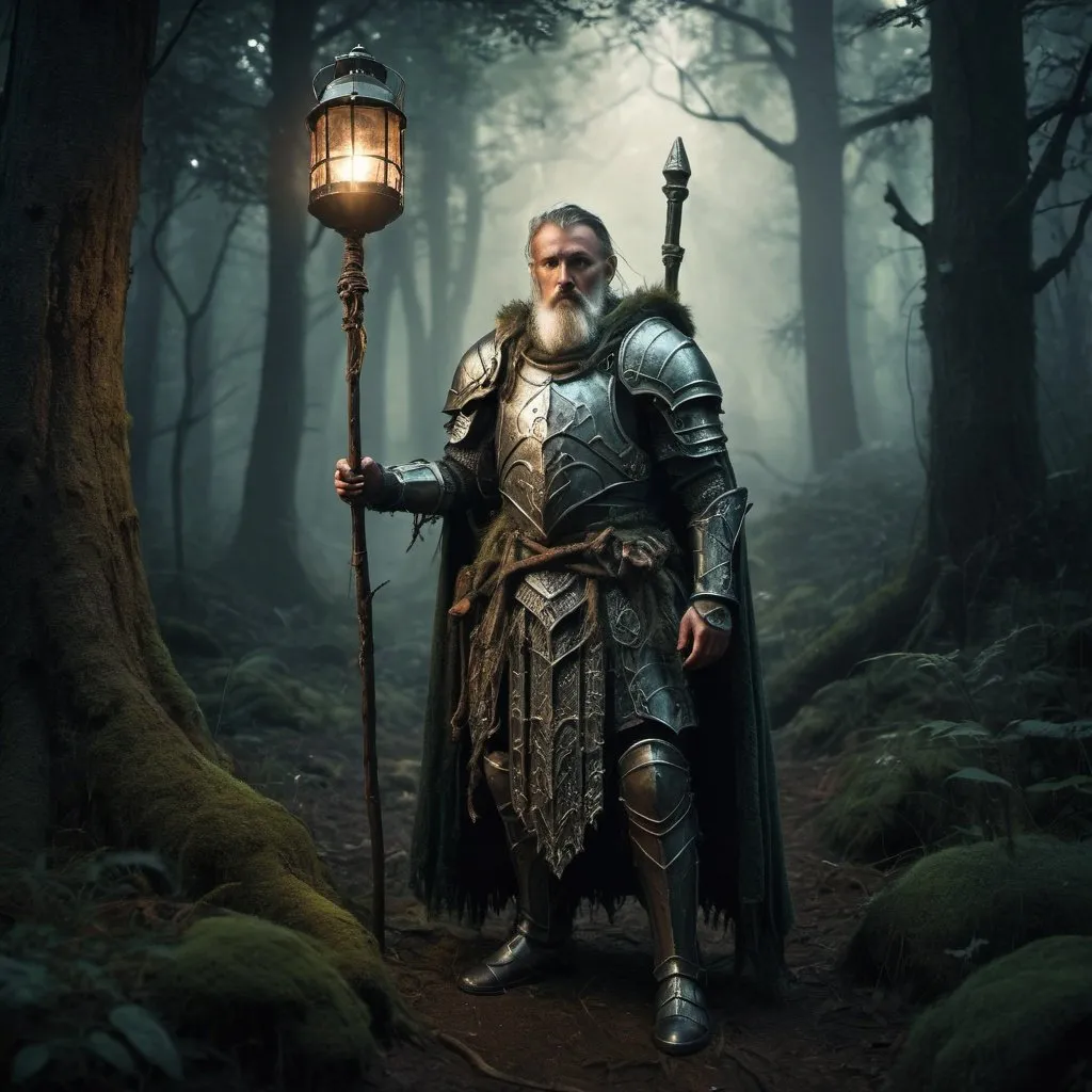 Prompt: Druid in heavy plate armour, battle-worn, holding a staff with lantern hanging from the top, mystical forest setting, atmospheric lighting, high quality, fantasy, detailed armor, rugged terrain, magical, ancient, eerie glow, medieval, detailed surroundings, dark tones, epic