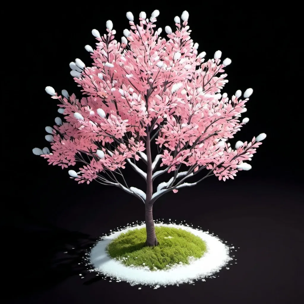 Prompt: isometric render, Shadblow Serviceberry tree, majestic, (base surrounded by small plants), covered in snow, ethereal light, high quality, black background, (high contrast)