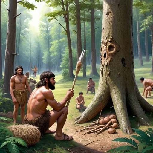 Prompt: 10000 years ago, lively, peaceful shelters nestled in a lush, green forest. made of wood and straw, arranged in a circle around a central clearing. In the clearing, people of various ages are gathered together, sharing food . A hunter is standing with a large piece of freshly hunted meat, offering it to the others, while another villager brings fruits and roots. The scene is full of warmth and community spirit, with everyone helping each other. The surrounding forest is dense with tall trees, and a few wild animals can be seen in the background. The overall atmosphere is friendly, cooperative, and filled with a sense of unity.