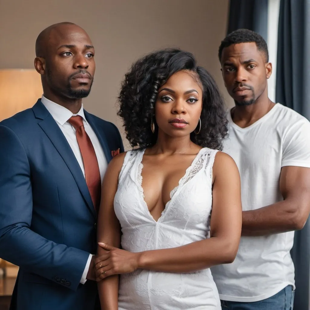 Prompt: Create a picture with one black married woman standing aside with husband while the man who cheating with her looking at them 