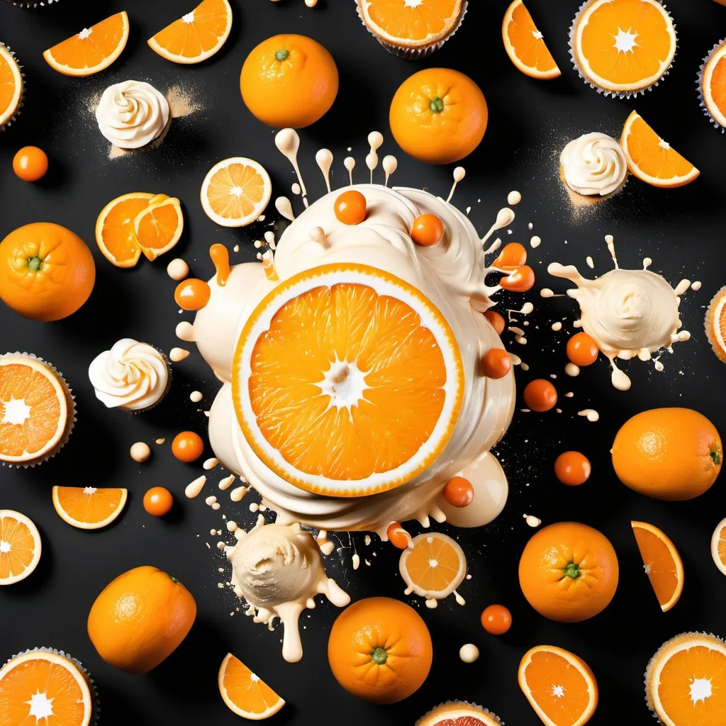 Prompt: Orange fruit mixed with various food items smashing together on a black background, image will have text over it later. more items from the grocery store. add in ,more backed goods like cupcakes and protein powder.