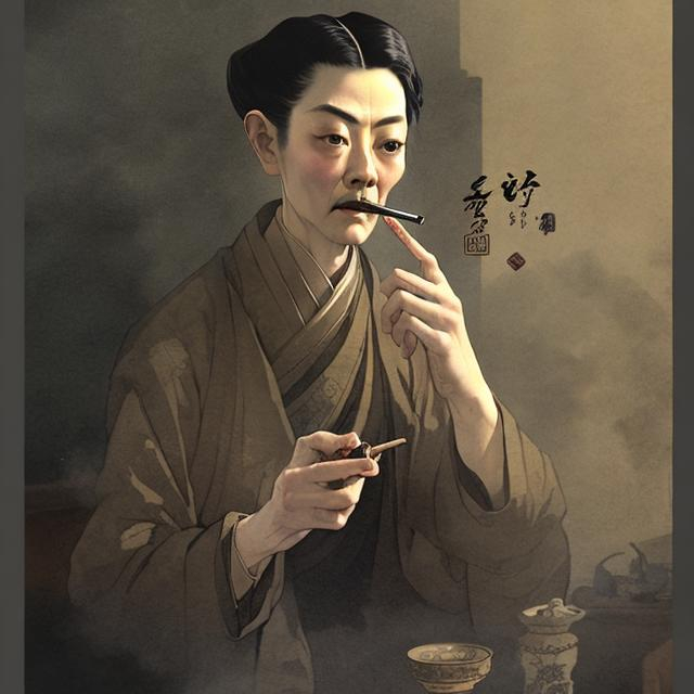 Prompt: Thin man smoking opium in Qing Dynasty setting, detailed facial features, traditional art style, muted earth tones, dimly lit interiors, worn-out clothing, atmospheric lighting, vintage, detailed smoke, storytelling, historical, traditional, traditional art style, dim lighting, muted colors, detailed face, Qing Dynasty, opium smoking, vintage clothing, intricate details,short hair