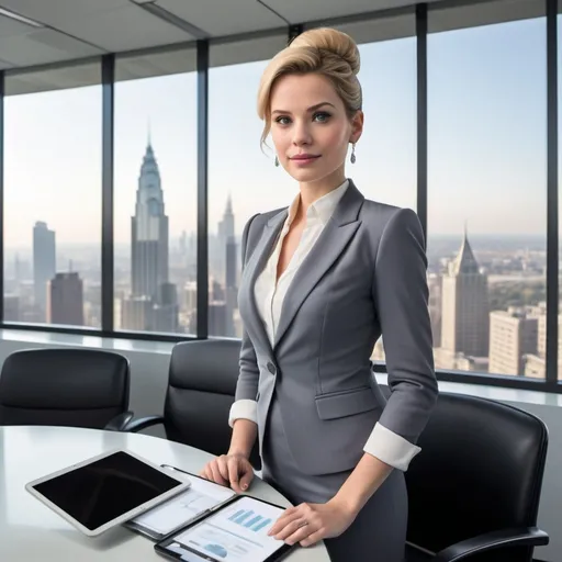 Prompt: Create an image of Cinderella as the CEO of a modern, high-tech company. She is dressed in a sleek, tailored business suit with a soft pastel blouse underneath, blending elegance with professionalism. Her hair is styled in a sophisticated updo, and she wears subtle yet refined makeup. Cinderella stands confidently in a stylish, minimalist office with floor-to-ceiling windows showcasing a city skyline. She holds a tablet in one hand and gestures thoughtfully with the other as she leads a meeting. The office is furnished with modern elements, like a glass desk and ergonomic chairs, reflecting her successful and forward-thinking leadership. The image should convey her as a powerful, innovative leader while retaining her graceful and kind demeanor.